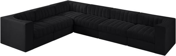 Meridian Furniture Rummi Six Piece Modular Sectional Black Velvet Channel Tufted Low Profile Sofa 660Black-Sec6D
