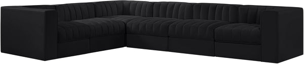 Meridian Furniture Rummi Six Piece Modular Sectional Black Velvet Channel Tufted Low Profile Sofa 660Black-Sec6D