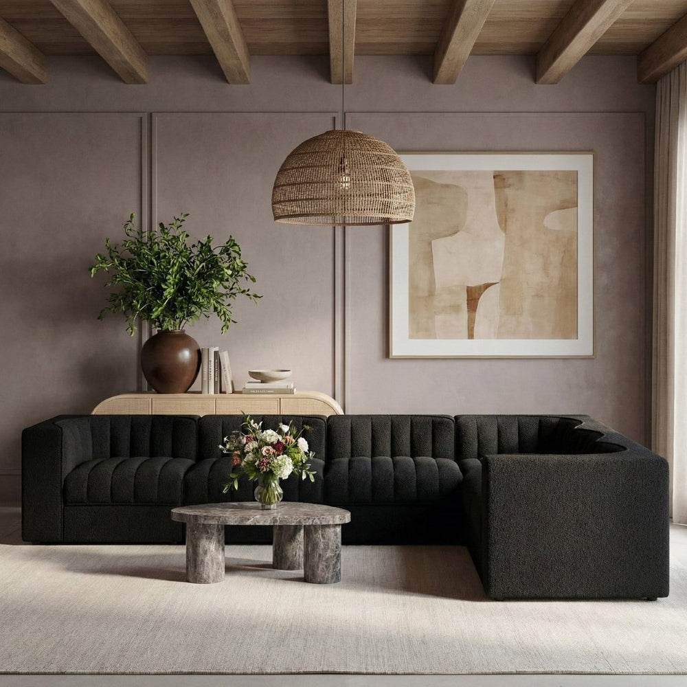 Meridian Furniture Rummi Six Piece Modular Sectional Black Velvet Channel Tufted Low Profile Sofa 660Black-Sec6D