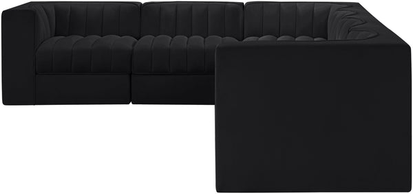 Meridian Furniture Rummi Six Piece Modular Sectional Black Velvet Channel Tufted Low Profile Sofa 660Black-Sec6D