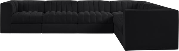 Meridian Furniture Rummi Six Piece Modular Sectional Black Velvet Channel Tufted Low Profile Sofa 660Black-Sec6D