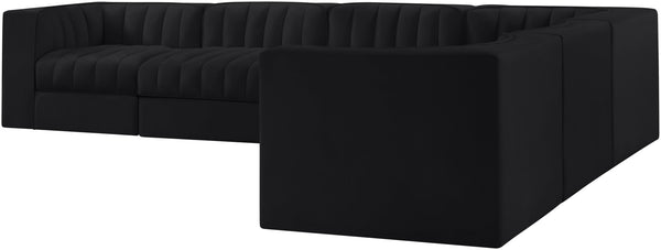 Meridian Furniture Rummi Six Piece Modular Sectional Black Velvet Channel Tufted Low Profile Sofa 660Black-Sec6D