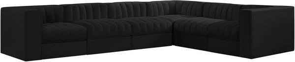 Meridian Furniture Rummi Six Piece Modular Sectional Black Velvet Channel Tufted Low Profile Sofa 660Black-Sec6D