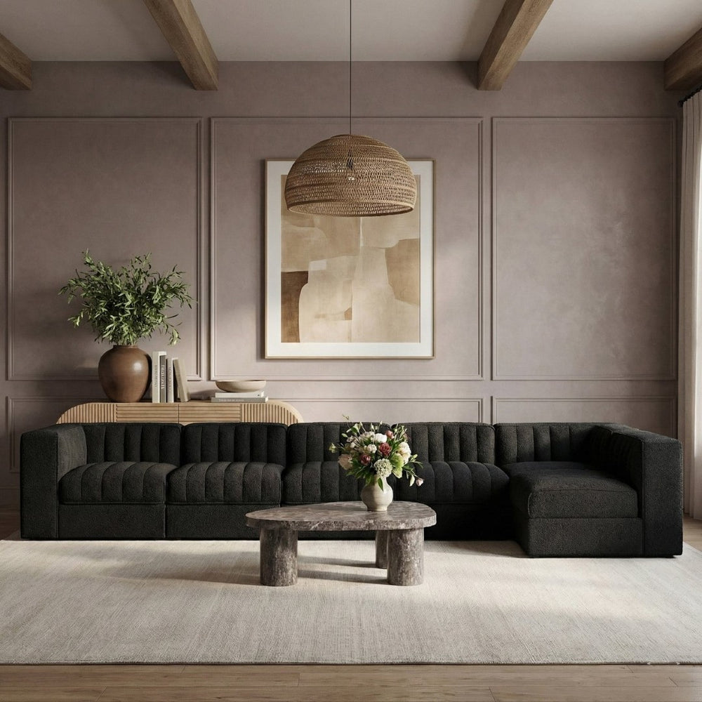 Meridian Furniture Rummi Six Piece Modular Sectional Channel Tufted Velvet Sofa for Open Living Spaces 660Black-Sec6E
