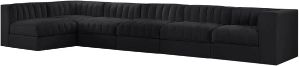Meridian Furniture Rummi Six Piece Modular Sectional Channel Tufted Velvet Sofa for Open Living Spaces 660Black-Sec6E