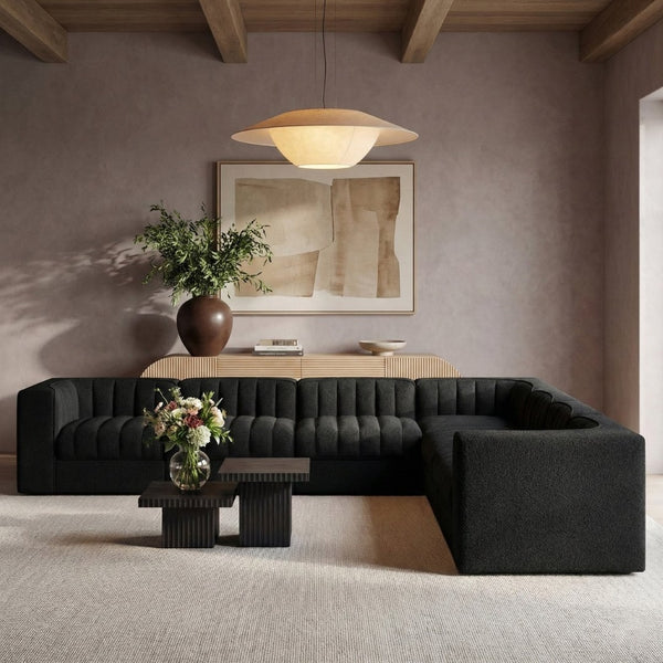 Meridian Furniture Rummi 7 Piece Modular Sectional Channel Tufted Black Velvet Low Profile Seating 660Black-Sec7A