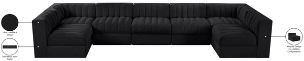 Meridian Furniture Rummi Channel Tufted Velvet Seven Piece Modular Sectional for Large Living Rooms 660Black-Sec7B