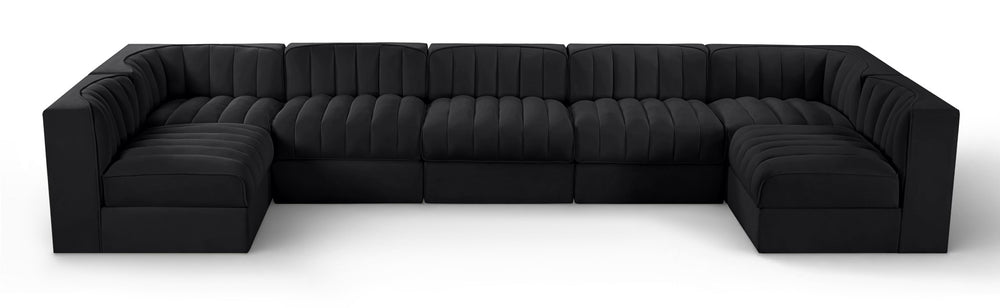 Meridian Furniture Rummi Channel Tufted Velvet Seven Piece Modular Sectional for Large Living Rooms 660Black-Sec7B