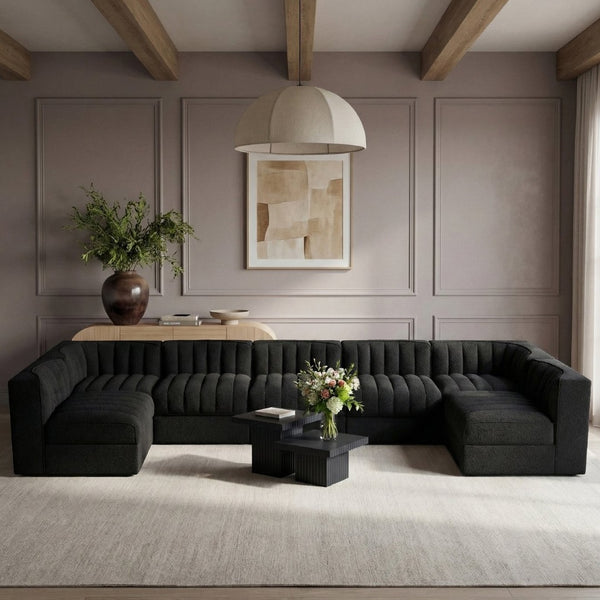 Meridian Furniture Rummi Channel Tufted Velvet Seven Piece Modular Sectional for Large Living Rooms 660Black-Sec7B