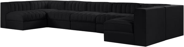 Meridian Furniture Rummi Channel Tufted Velvet Seven Piece Modular Sectional for Large Living Rooms 660Black-Sec7B