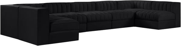 Meridian Furniture Rummi Channel Tufted Velvet Seven Piece Modular Sectional for Large Living Rooms 660Black-Sec7B