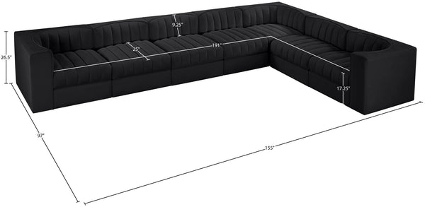Meridian Furniture Rummi Seven Piece Modular Sectional Channel Tufted Velvet Low Profile Living Room 660Black-Sec7C