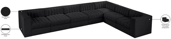 Meridian Furniture Rummi Seven Piece Modular Sectional Channel Tufted Velvet Low Profile Living Room 660Black-Sec7C