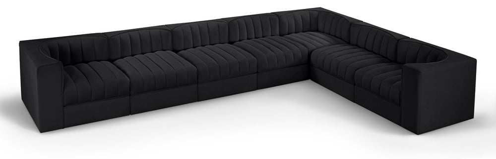 Meridian Furniture Rummi Seven Piece Modular Sectional Channel Tufted Velvet Low Profile Living Room 660Black-Sec7C