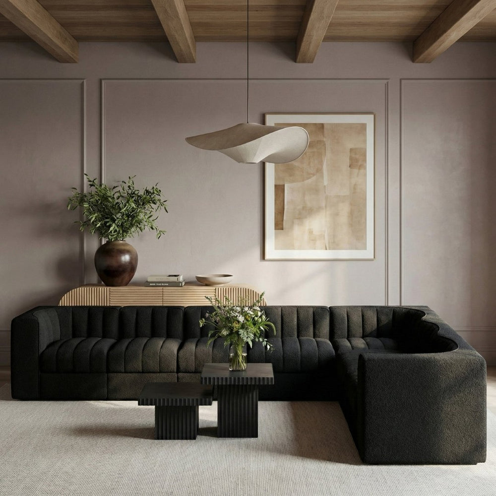 Meridian Furniture Rummi Seven Piece Modular Sectional Channel Tufted Velvet Low Profile Living Room 660Black-Sec7C