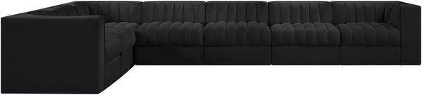 Meridian Furniture Rummi Seven Piece Modular Sectional Channel Tufted Velvet Low Profile Living Room 660Black-Sec7C