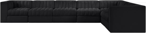 Meridian Furniture Rummi Seven Piece Modular Sectional Channel Tufted Velvet Low Profile Living Room 660Black-Sec7C