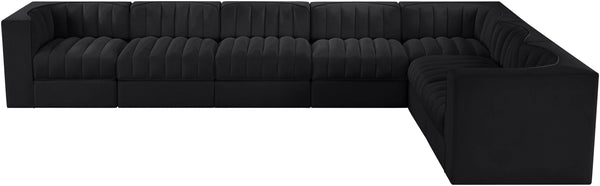 Meridian Furniture Rummi Seven Piece Modular Sectional Channel Tufted Velvet Low Profile Living Room 660Black-Sec7C