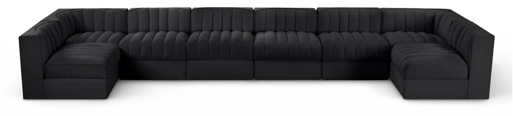 Meridian Furniture Rummi Eight Piece Modular Sectional Black Velvet Channel Tufted Living Room Sofa 660Black-Sec8A