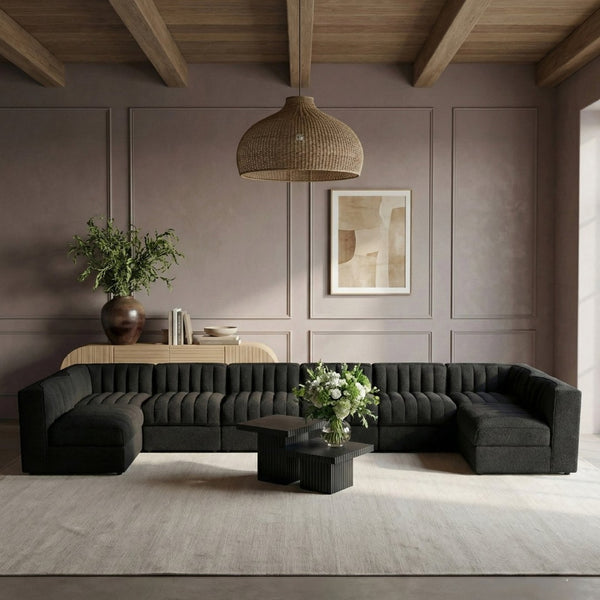Meridian Furniture Rummi Eight Piece Modular Sectional Black Velvet Channel Tufted Living Room Sofa 660Black-Sec8A