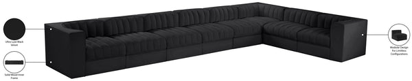 Meridian Furniture Rummi Eight Piece Modular Sectional Black Velvet Channel Tufted Low Profile Sofa 660Black-Sec8C