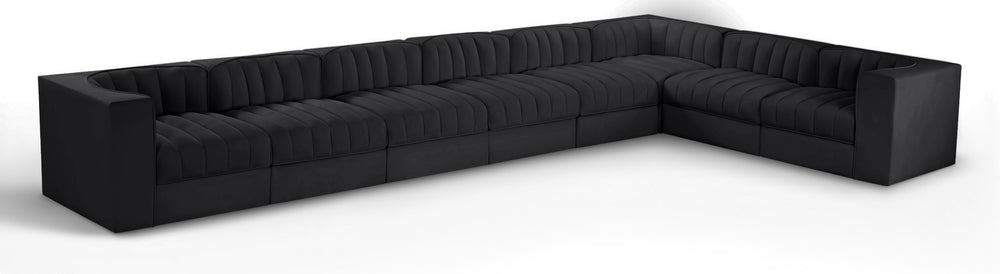 Meridian Furniture Rummi Eight Piece Modular Sectional Black Velvet Channel Tufted Low Profile Sofa 660Black-Sec8C