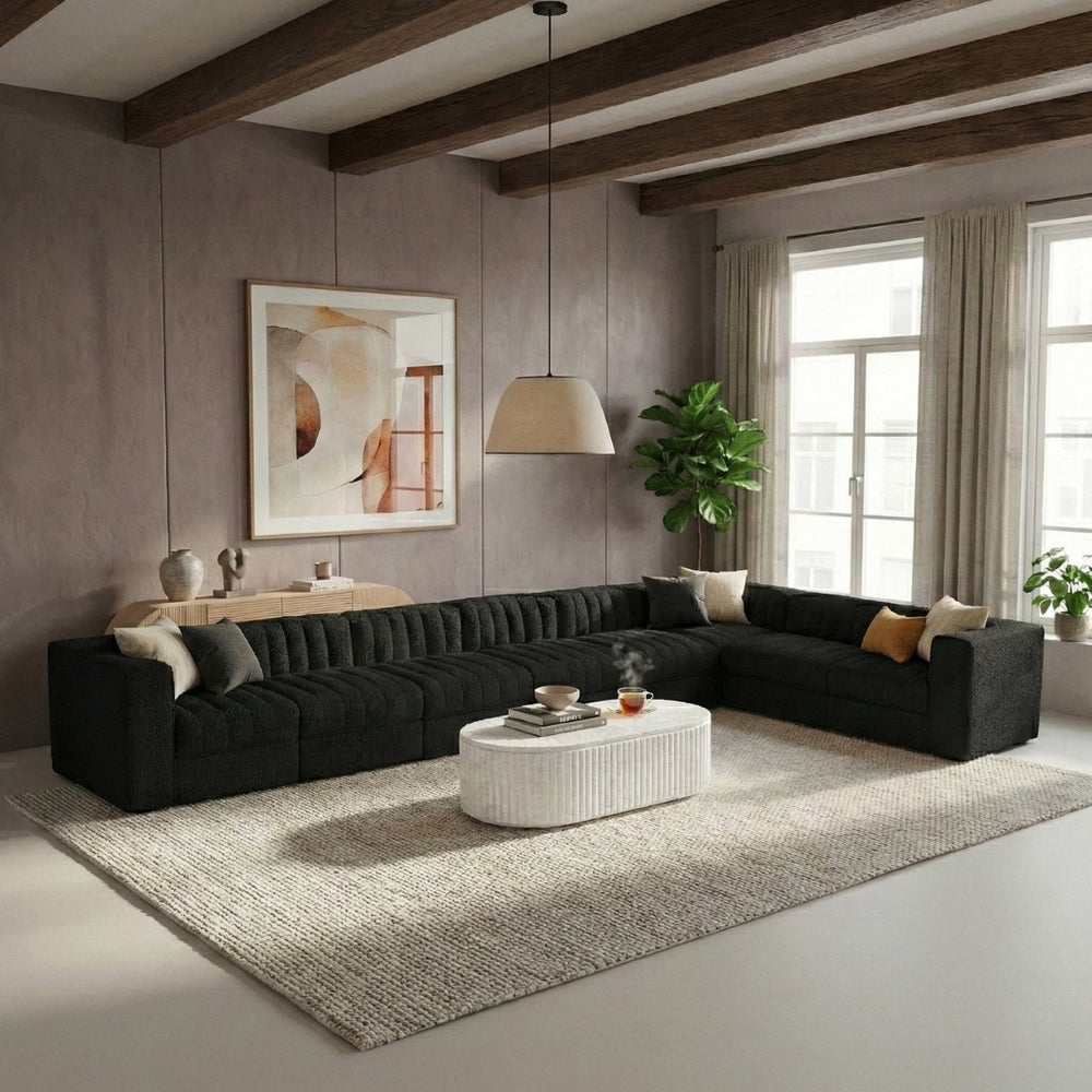 Meridian Furniture Rummi Eight Piece Modular Sectional Black Velvet Channel Tufted Low Profile Sofa 660Black-Sec8C