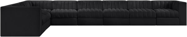 Meridian Furniture Rummi Eight Piece Modular Sectional Black Velvet Channel Tufted Low Profile Sofa 660Black-Sec8C