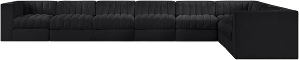 Meridian Furniture Rummi Eight Piece Modular Sectional Black Velvet Channel Tufted Low Profile Sofa 660Black-Sec8C