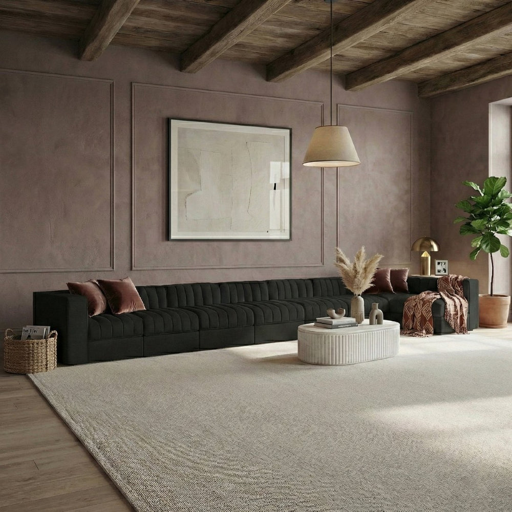 Meridian Furniture Rummi Eight Piece Channel Tufted Velvet Modular Sectional for Modern Living Spaces 660Black-Sec8D