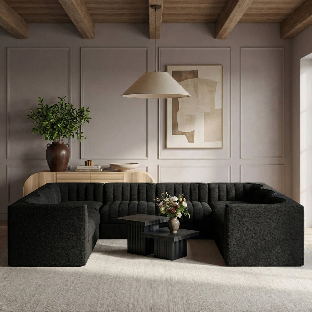 Meridian Furniture Rummi Channel Tufted Velvet Modular Sectional Low Profile L-shaped Living Room Sofa 660Black-Sec8E