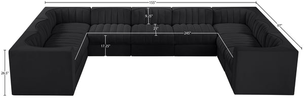 Meridian Furniture Rummi Nine Piece Modular Sectional Channel Tufted Black Velvet Performance Fabric Sofa 660Black-Sec9B