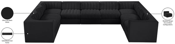 Meridian Furniture Rummi Nine Piece Modular Sectional Channel Tufted Black Velvet Performance Fabric Sofa 660Black-Sec9B