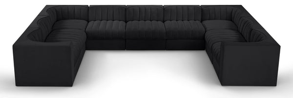Meridian Furniture Rummi Nine Piece Modular Sectional Channel Tufted Black Velvet Performance Fabric Sofa 660Black-Sec9B