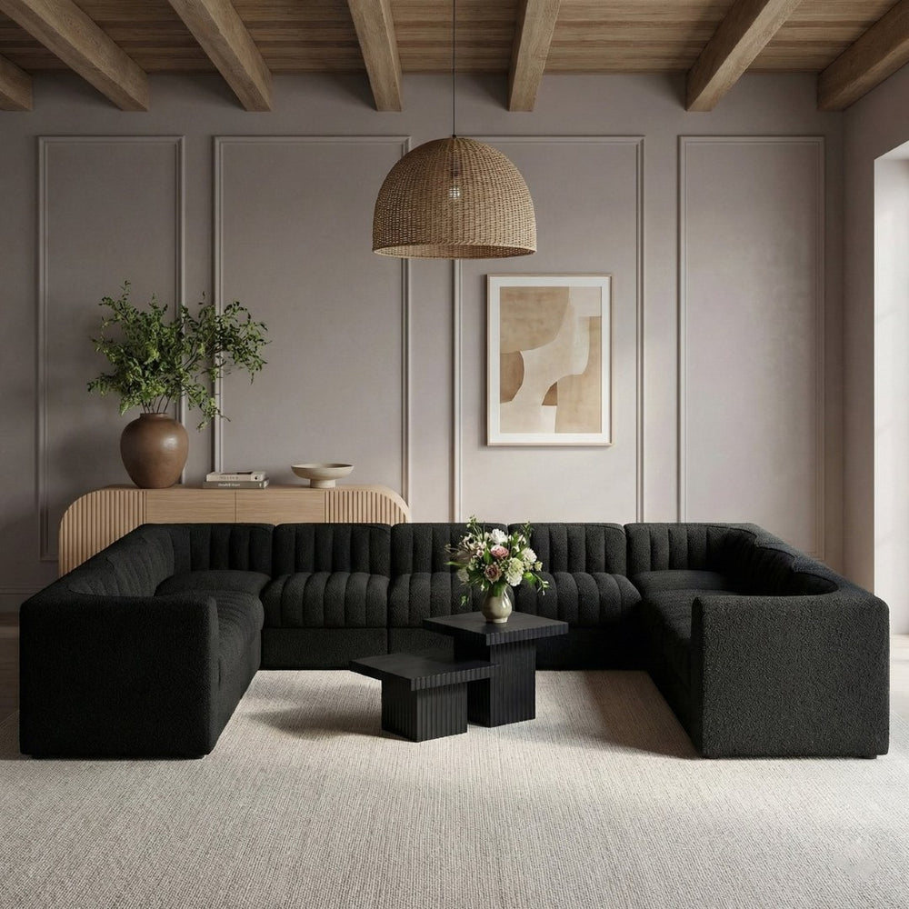 Meridian Furniture Rummi Nine Piece Modular Sectional Channel Tufted Black Velvet Performance Fabric Sofa 660Black-Sec9B