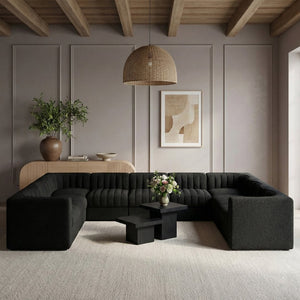 Meridian Furniture Rummi Nine Piece Modular Sectional Channel Tufted Black Velvet Performance Fabric Sofa 660Black-Sec9B