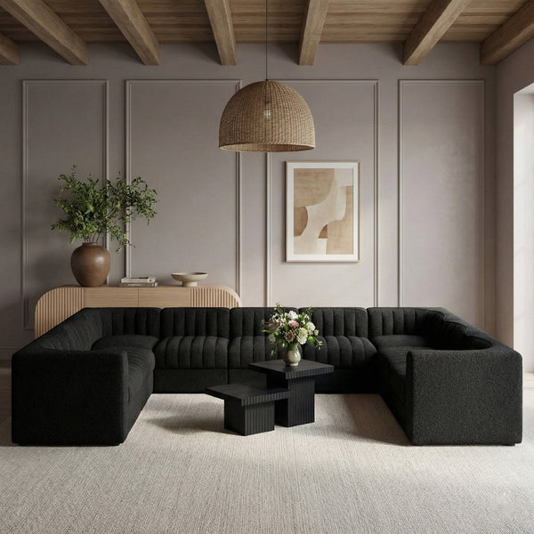 Meridian Furniture Rummi Nine Piece Modular Sectional Channel Tufted Black Velvet Performance Fabric Sofa 660Black-Sec9B