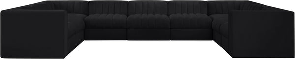 Meridian Furniture Rummi Nine Piece Modular Sectional Channel Tufted Black Velvet Performance Fabric Sofa 660Black-Sec9B