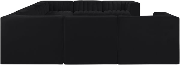 Meridian Furniture Rummi Nine Piece Modular Sectional Channel Tufted Black Velvet Performance Fabric Sofa 660Black-Sec9B