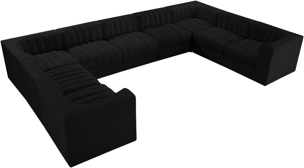 Meridian Furniture Rummi Nine Piece Modular Sectional Channel Tufted Black Velvet Performance Fabric Sofa 660Black-Sec9B