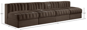 Meridian Furniture Rummi Four Piece Modular Sofa Channel Tufted Brown Velvet Performance Living Room 660Brown-S116