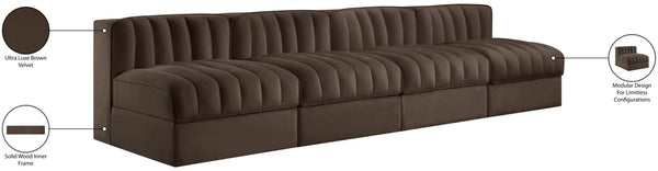 Meridian Furniture Rummi Four Piece Modular Sofa Channel Tufted Brown Velvet Performance Living Room 660Brown-S116