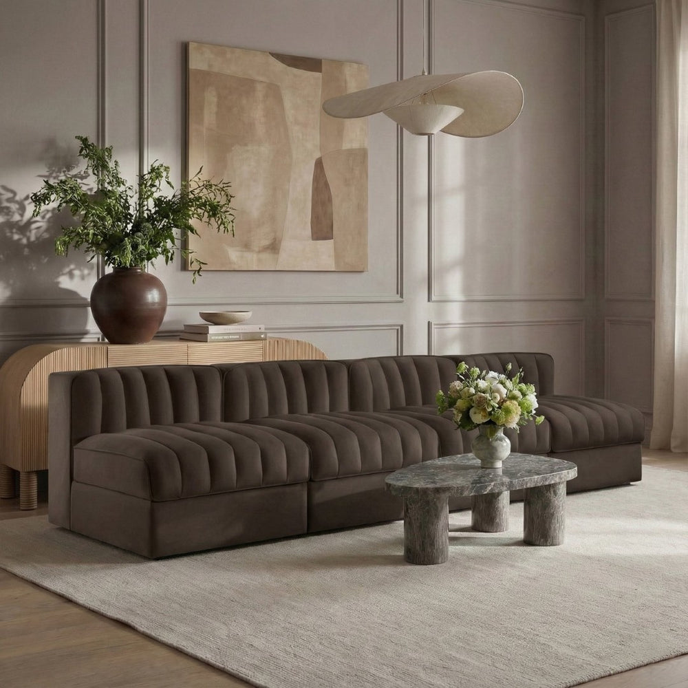 Meridian Furniture Rummi Four Piece Modular Sofa Channel Tufted Brown Velvet Performance Living Room 660Brown-S116