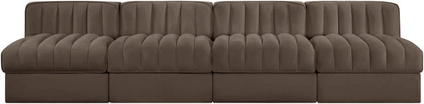 Meridian Furniture Rummi Four Piece Modular Sofa Channel Tufted Brown Velvet Performance Living Room 660Brown-S116