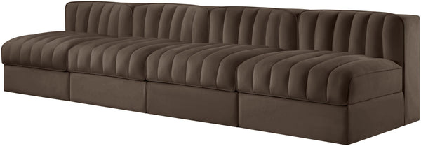 Meridian Furniture Rummi Four Piece Modular Sofa Channel Tufted Brown Velvet Performance Living Room 660Brown-S116