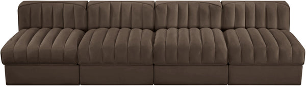 Meridian Furniture Rummi Four Piece Modular Sofa Channel Tufted Brown Velvet Performance Living Room 660Brown-S116