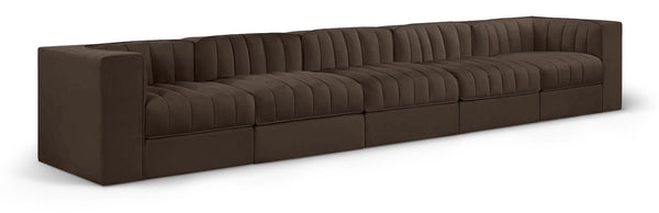Meridian Furniture Rummi Five Piece Channel Tufted Modular Sectional in Brown Velvet Performance Fabric 660Brown-S155