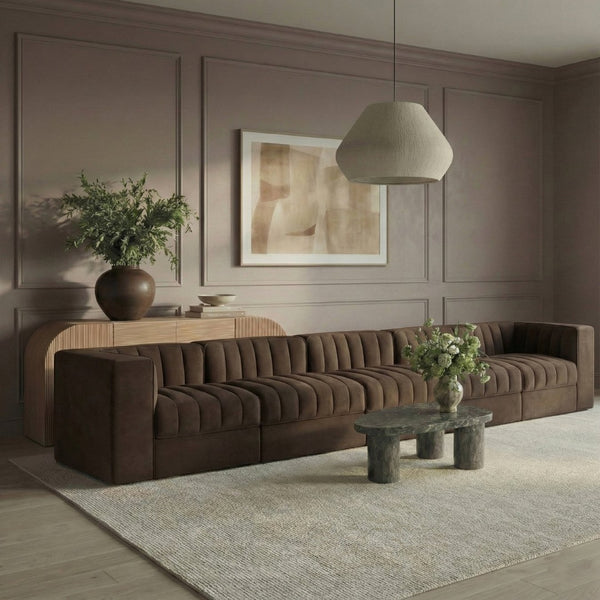 Meridian Furniture Rummi Five Piece Channel Tufted Modular Sectional in Brown Velvet Performance Fabric 660Brown-S155
