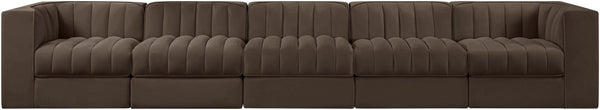 Meridian Furniture Rummi Five Piece Channel Tufted Modular Sectional in Brown Velvet Performance Fabric 660Brown-S155
