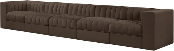 Meridian Furniture Rummi Five Piece Channel Tufted Modular Sectional in Brown Velvet Performance Fabric 660Brown-S155